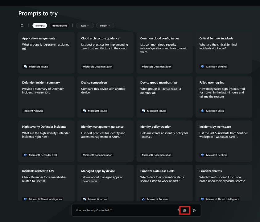 Microsoft Security Copilot home screen with the plugins button highlighted in the prompt bar