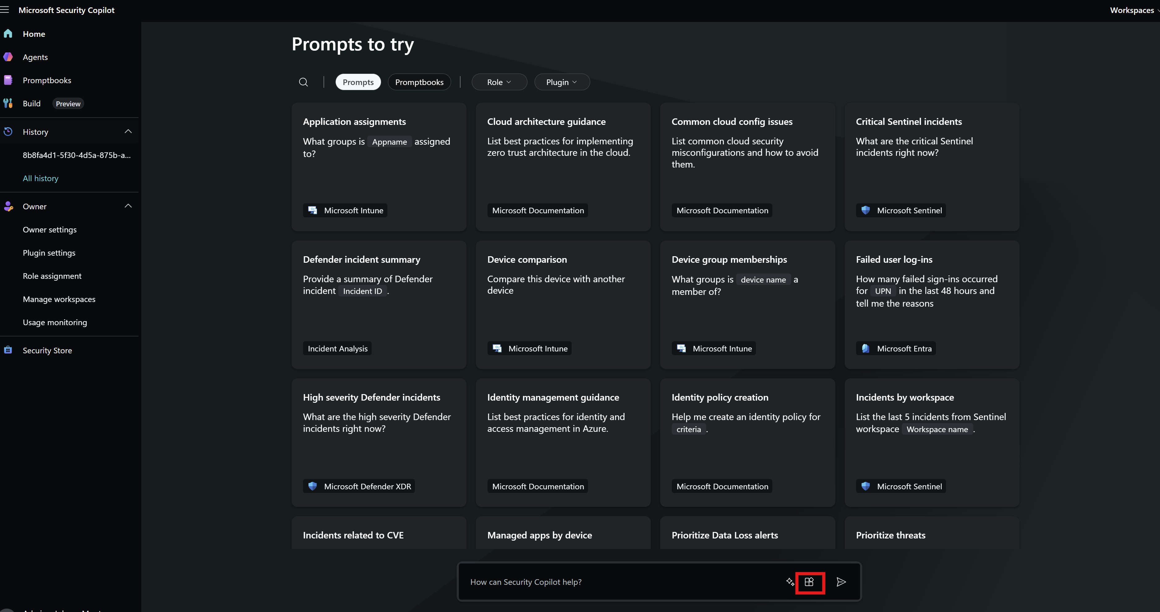 Microsoft Security Copilot home screen with the plugins button highlighted in the prompt bar