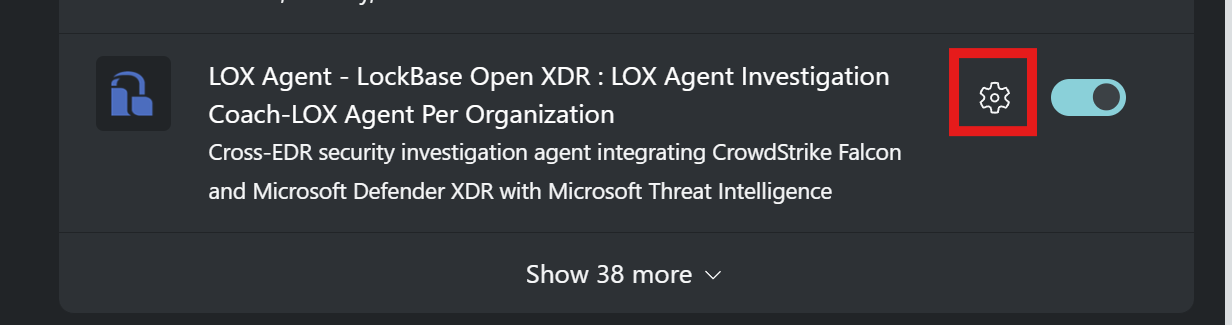 LOX Agent entry in the Security Copilot plugin list with the toggle enabled and the gear icon visible