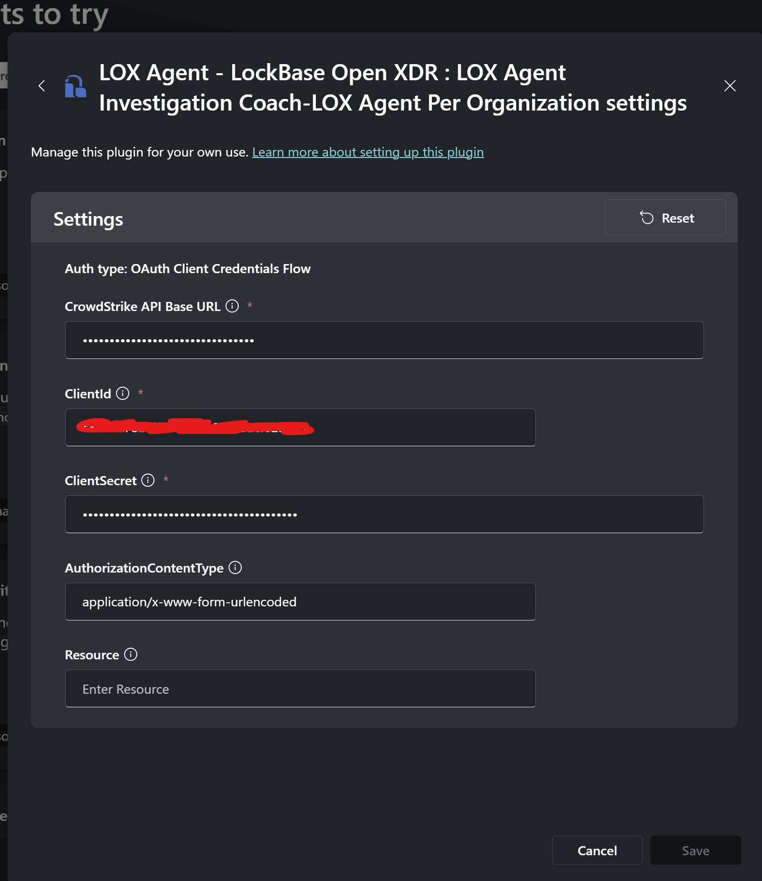 LOX Agent settings panel in Security Copilot showing the CrowdStrike API Base URL, ClientId, ClientSecret, AuthorizationContentType, and Resource fields